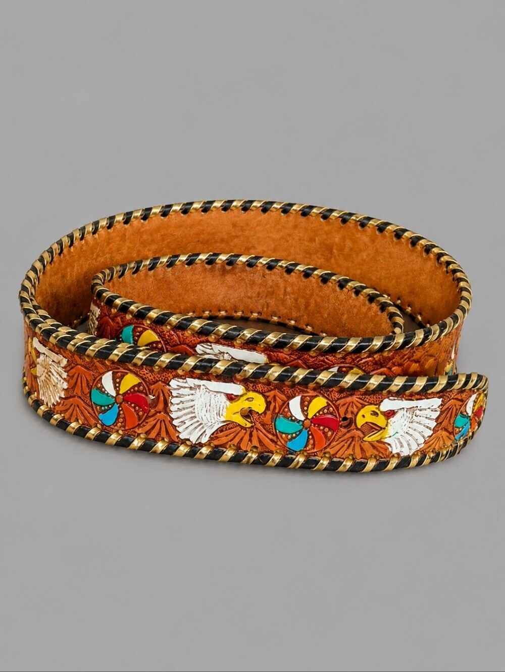 VTG 1970s Mexican Western Painted Eagle Pinwheel Leather NAME Belt Strap